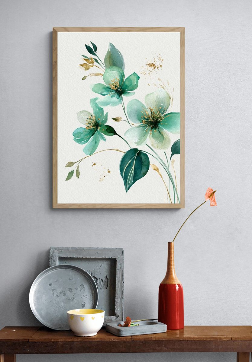 Teal Floral Watercolor Poster. — room view 3