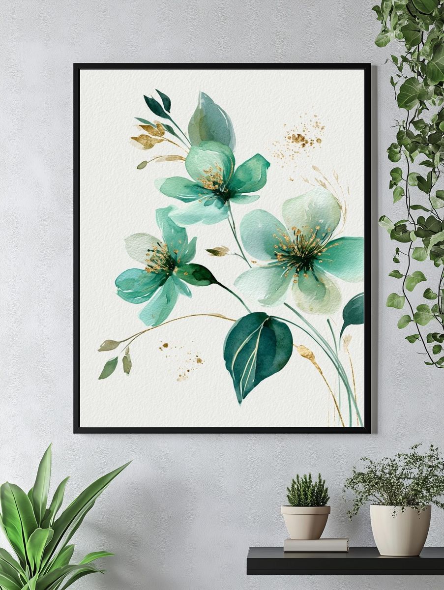 Teal Floral Watercolor Poster. — room view 4