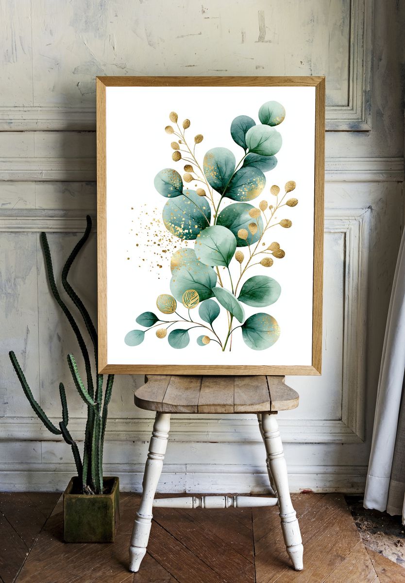 Eucalyptus Gold Leaf Botanical Print. room preview