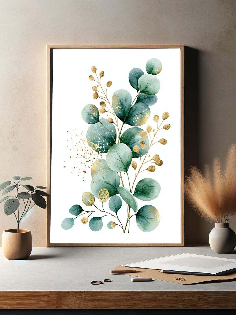 Eucalyptus Gold Leaf Botanical Print. — room view 2