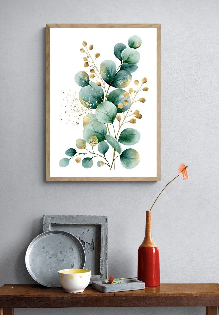 Eucalyptus Gold Leaf Botanical Print. — room view 3