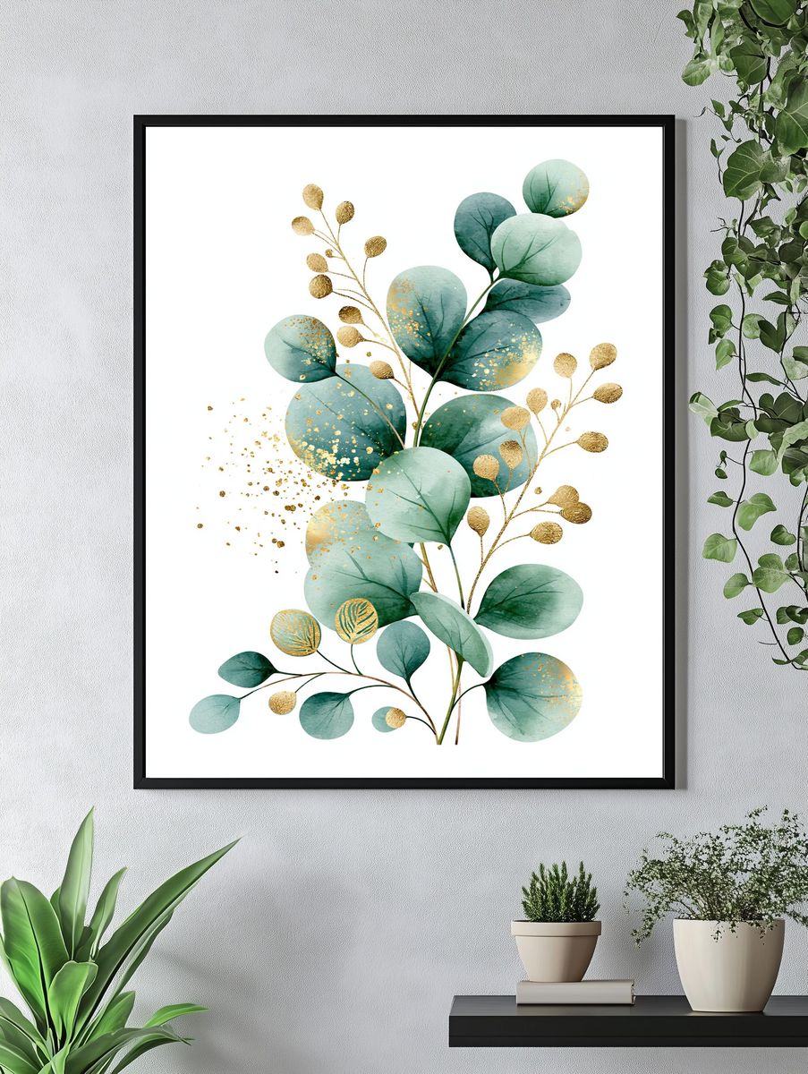 Eucalyptus Gold Leaf Botanical Print. — room view 4