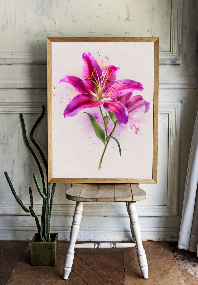 Pink Lily Watercolor Print. — room view 1