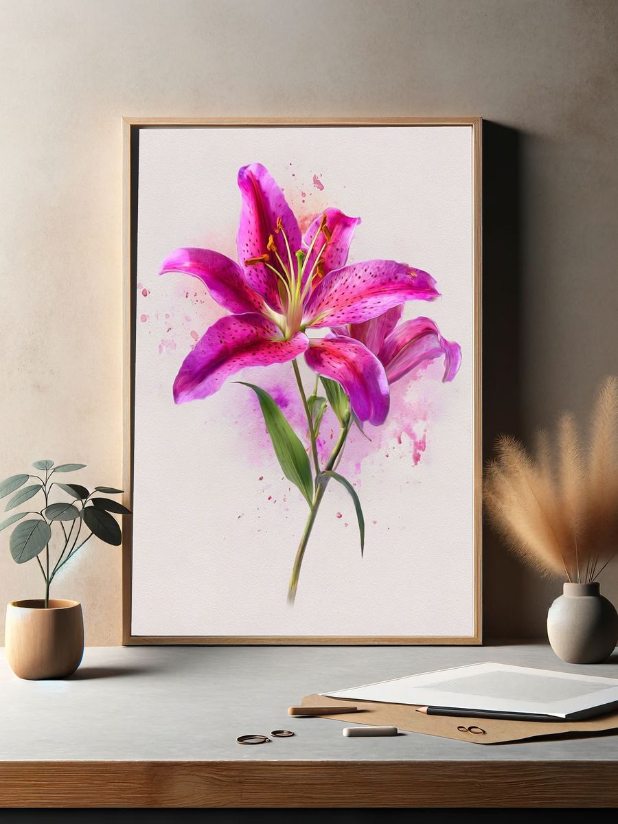 Pink Lily Watercolor Print. — room view 2