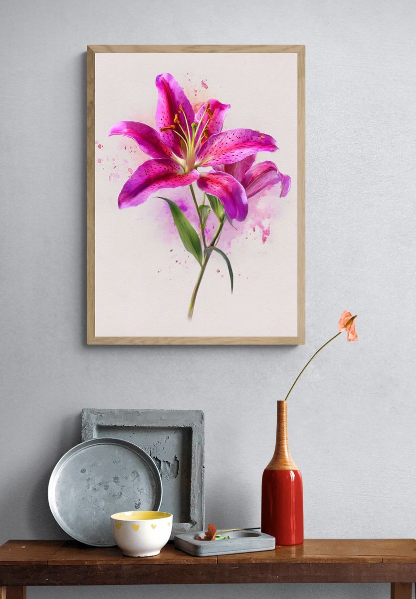 Pink Lily Watercolor Print. — room view 3