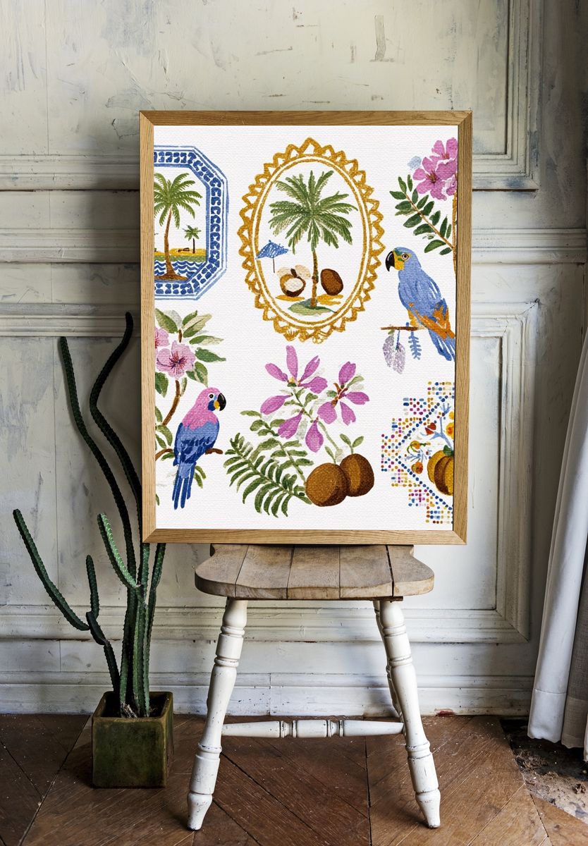 Tropical Watercolor Birds and Palms Print. — room view 1