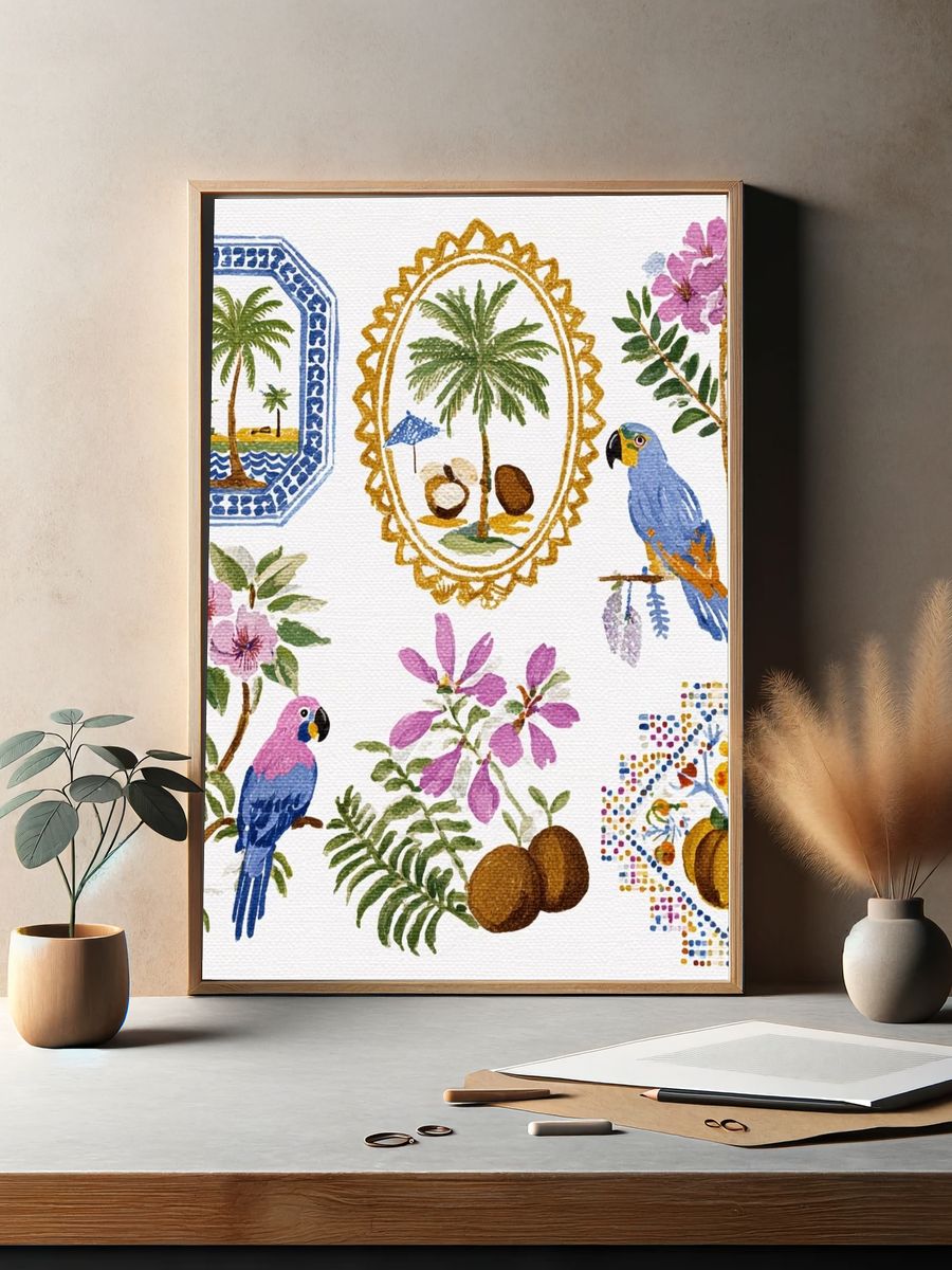 Tropical Watercolor Birds and Palms Print. — room view 2