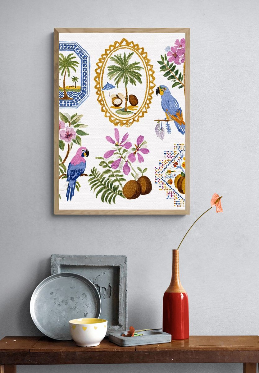 Tropical Watercolor Birds and Palms Print. — room view 3
