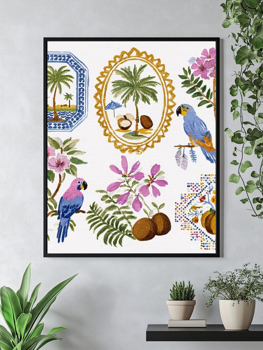 Tropical Watercolor Birds and Palms Print. — room view 4