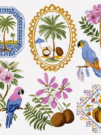 Tropical Watercolor Birds and Palms Print.