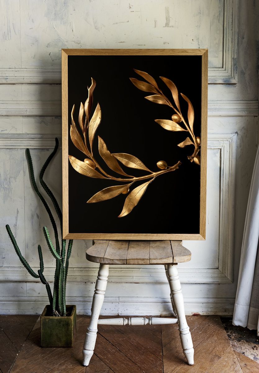 Golden Olive Wreath Print. room preview