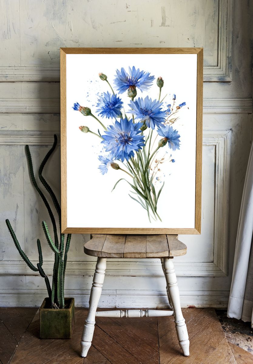 Blue Cornflower Bouquet Print. — room view 1