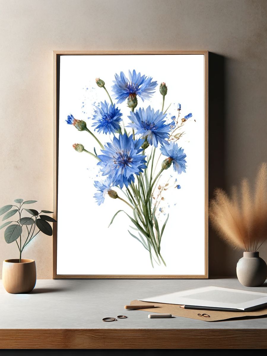 Blue Cornflower Bouquet Print. — room view 2