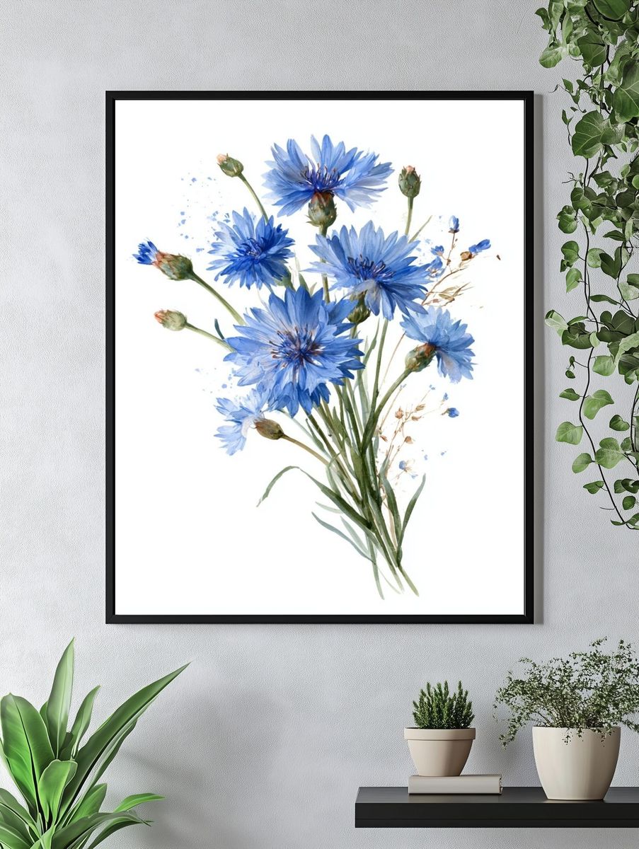 Blue Cornflower Bouquet Print. — room view 4