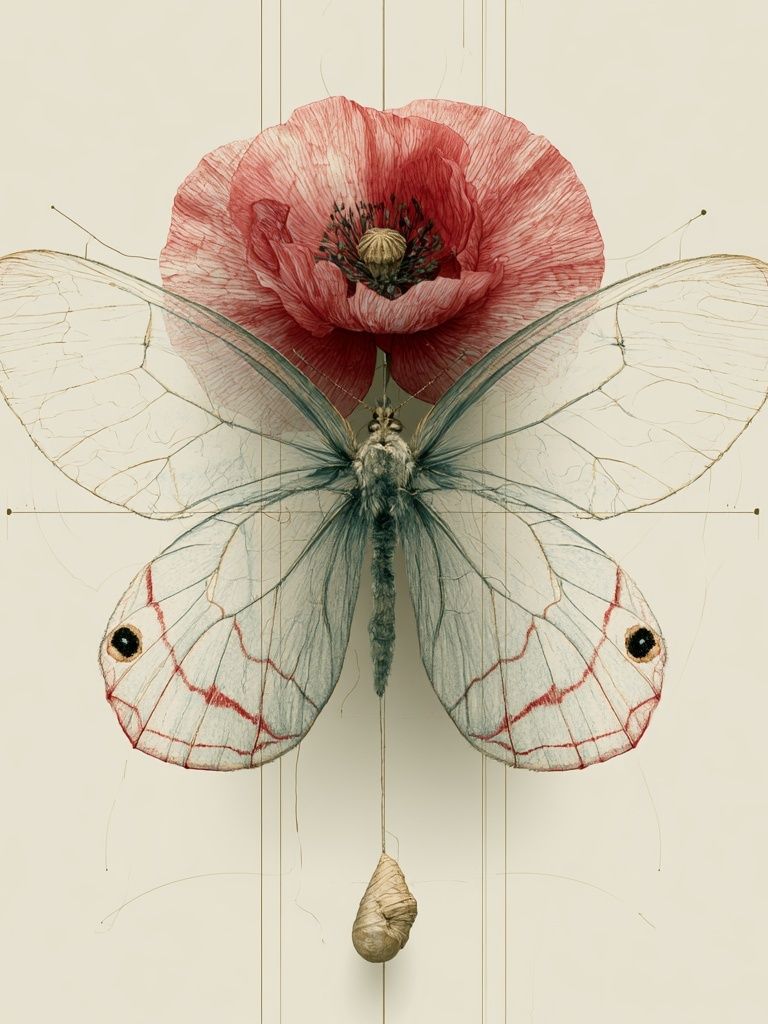 Butterfly and Poppy Botanical Print. poster — botanical art