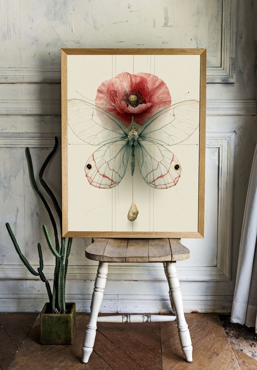 Butterfly and Poppy Botanical Print. room preview