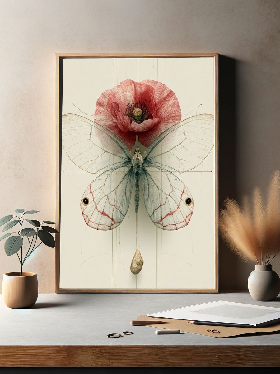Butterfly and Poppy Botanical Print. — room view 2