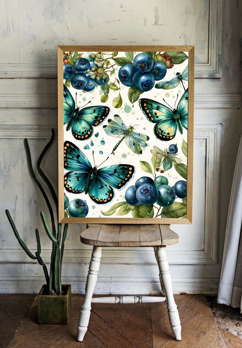 Butterflies and Blueberries Watercolor Print. — room view 1