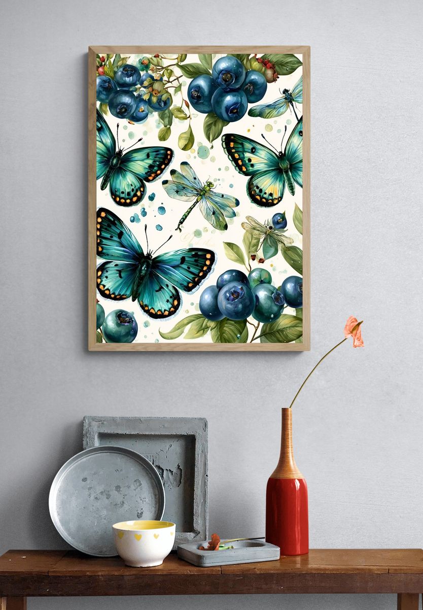 Butterflies and Blueberries Watercolor Print. — room view 3