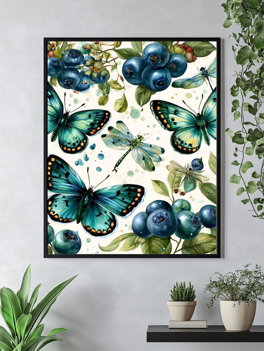 Butterflies and Blueberries Watercolor Print. — room view 4