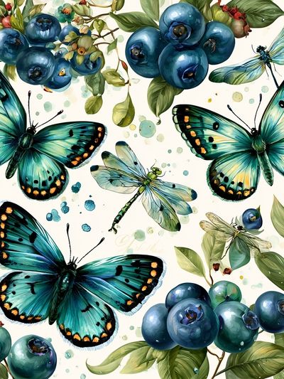 Butterflies and Blueberries Watercolor Print.