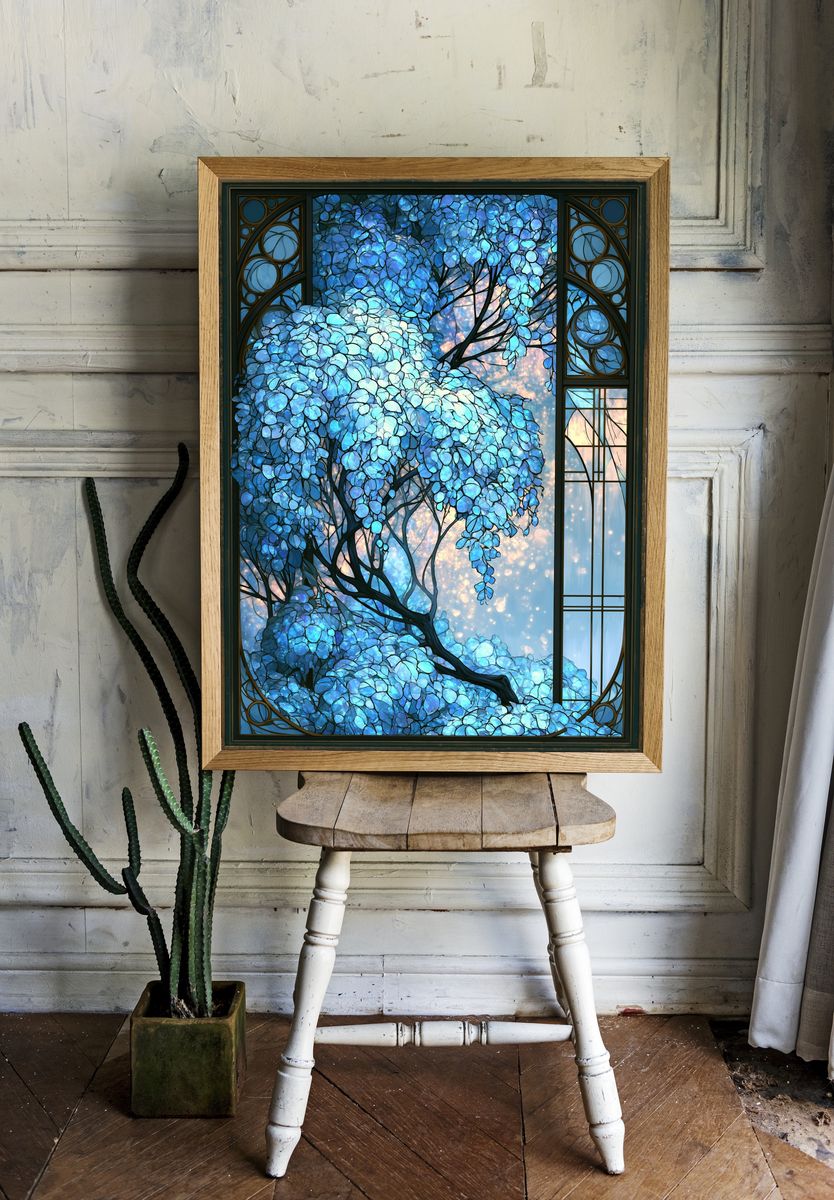 Blue Blossom Tree Stained Glass Poster. room preview