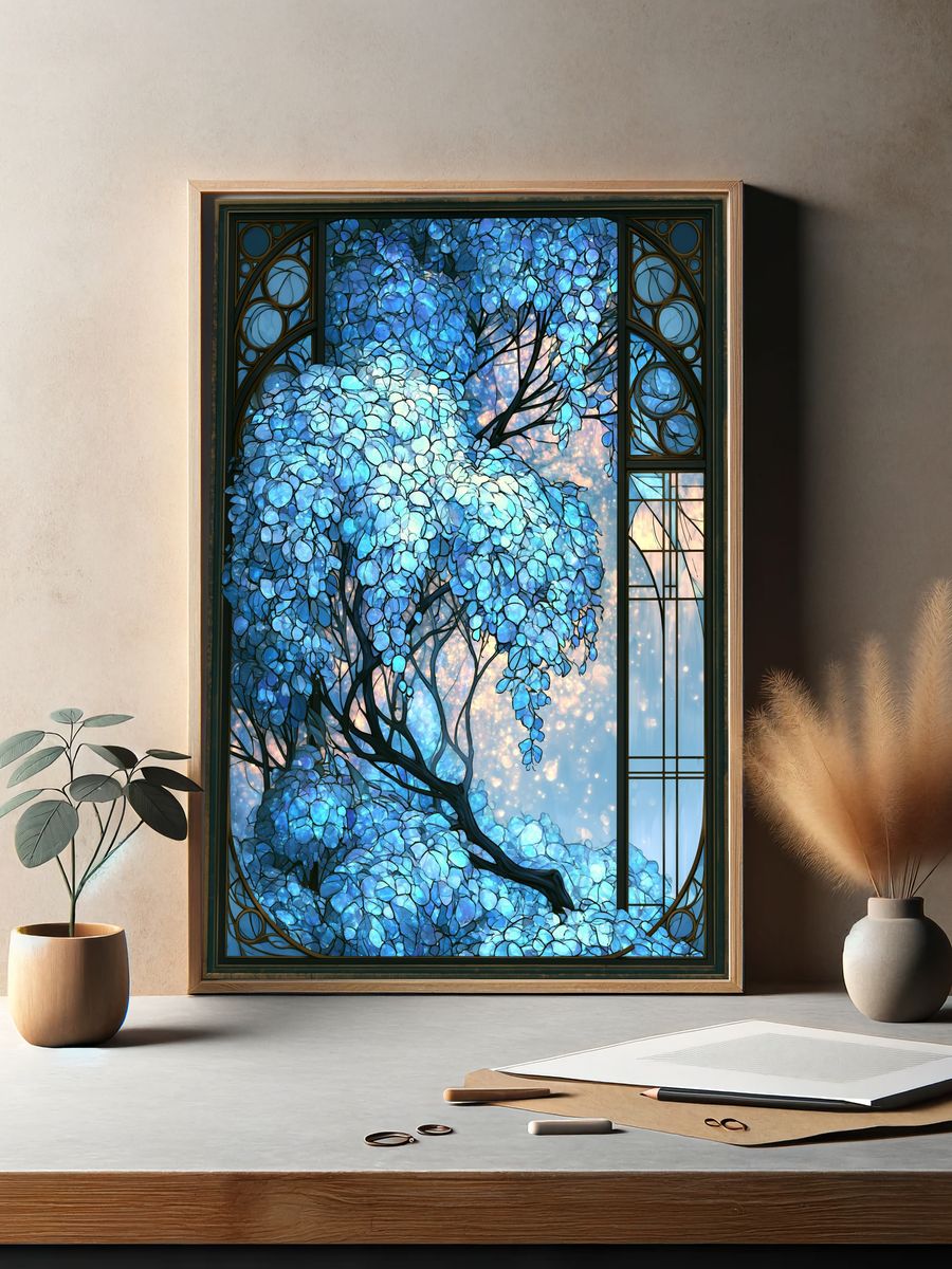 Blue Blossom Tree Stained Glass Poster. — room view 2