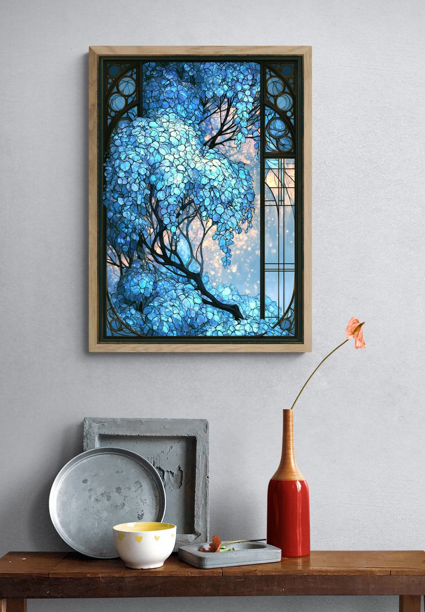 Blue Blossom Tree Stained Glass Poster. — room view 3