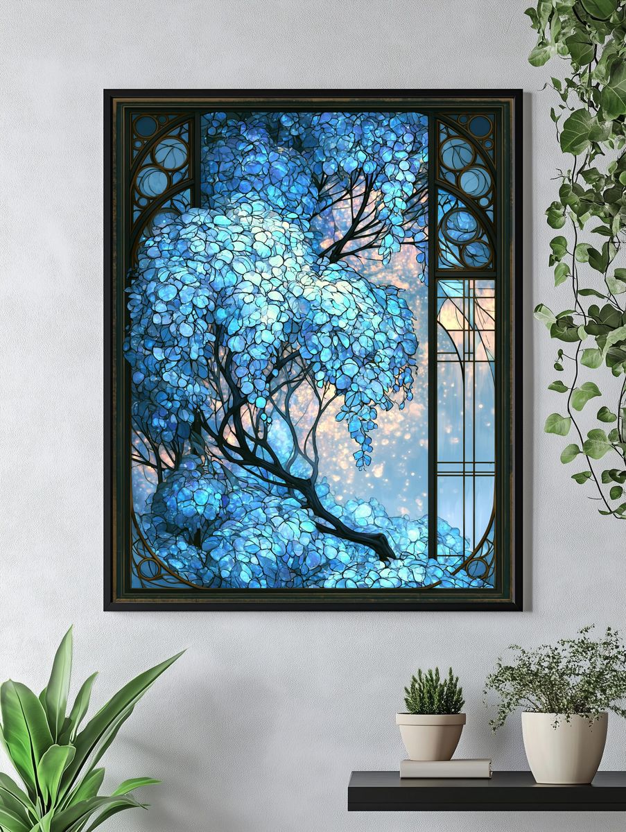 Blue Blossom Tree Stained Glass Poster. — room view 4