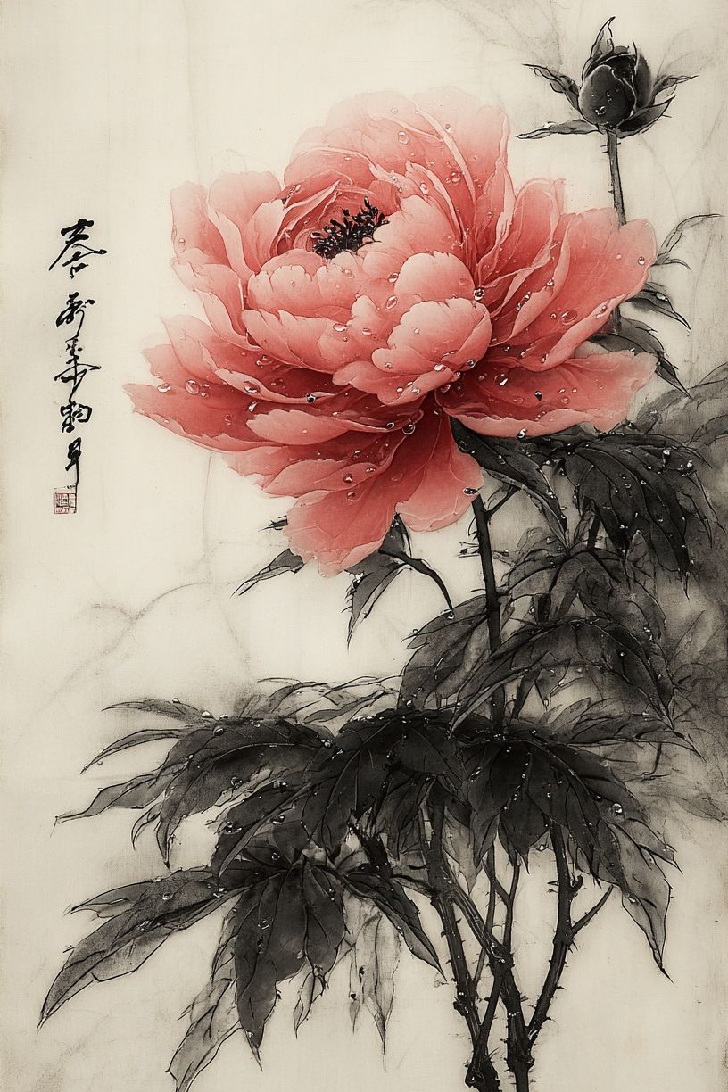 Pink Peony Ink Wash Poster. poster — botanical art