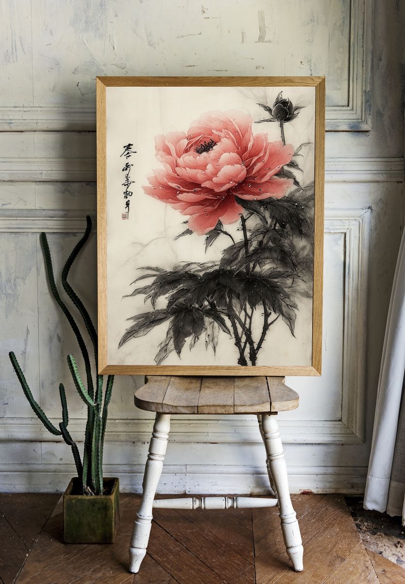 Pink Peony Ink Wash Poster. — room view 1