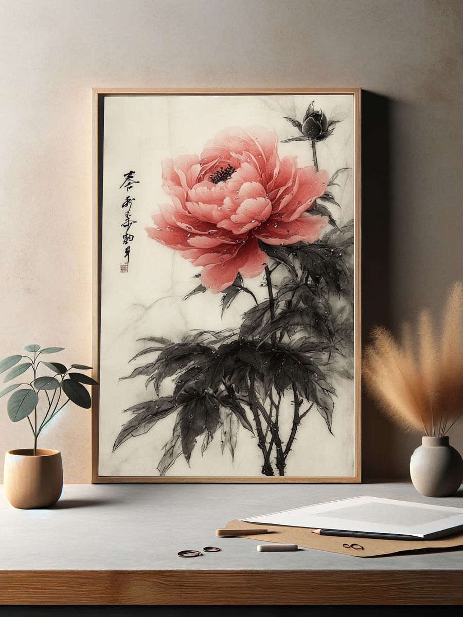 Pink Peony Ink Wash Poster. — room view 2