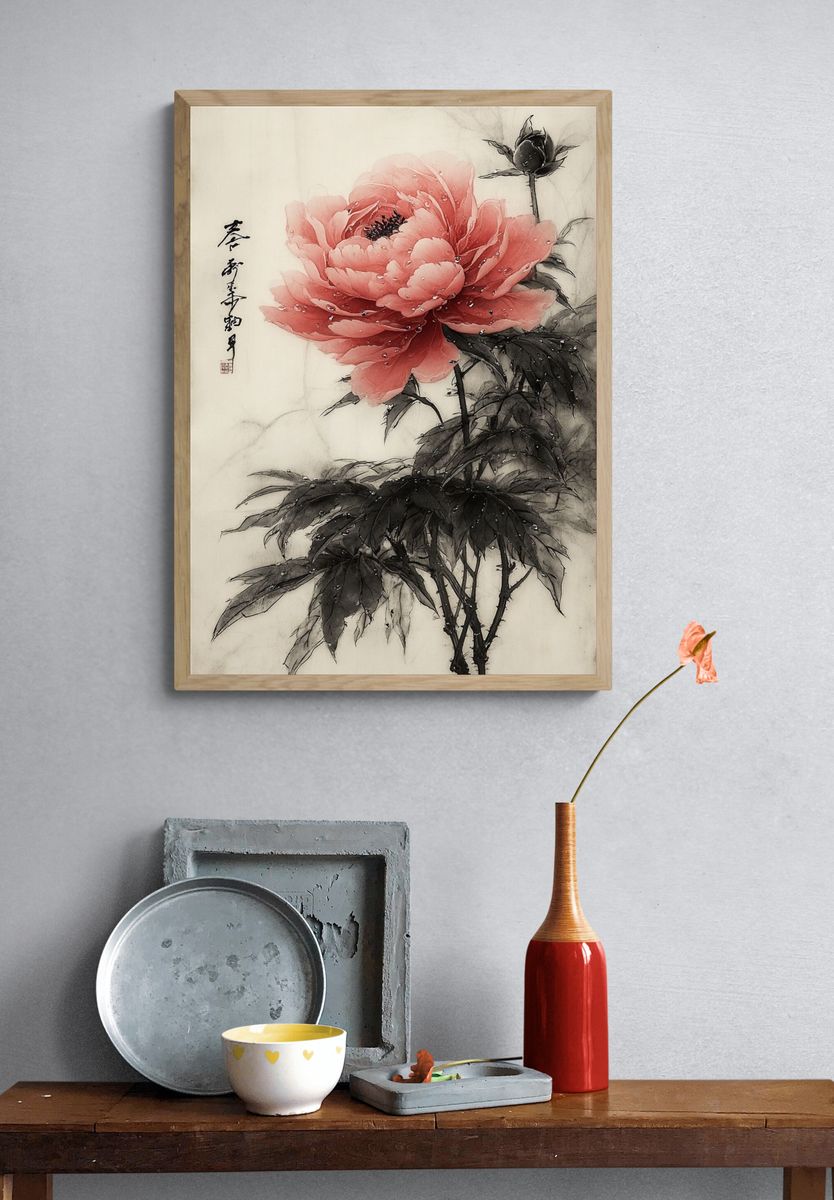 Pink Peony Ink Wash Poster. — room view 3