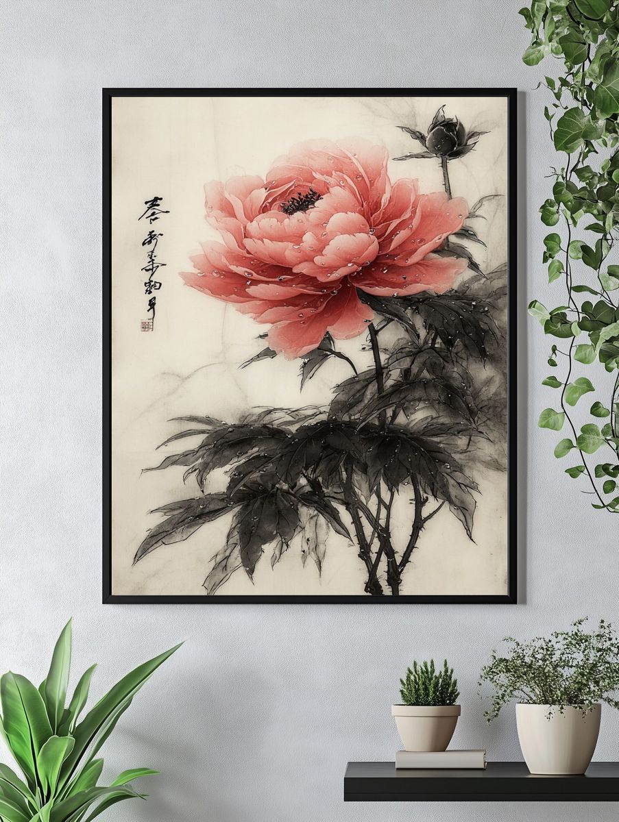 Pink Peony Ink Wash Poster. — room view 4