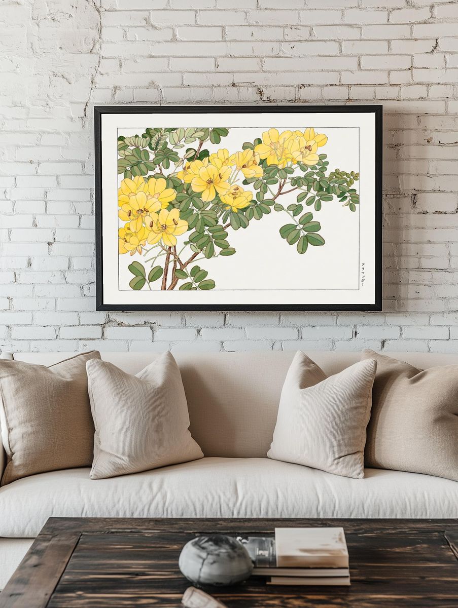 Allamanda flower, Japanese woodblock art. room preview