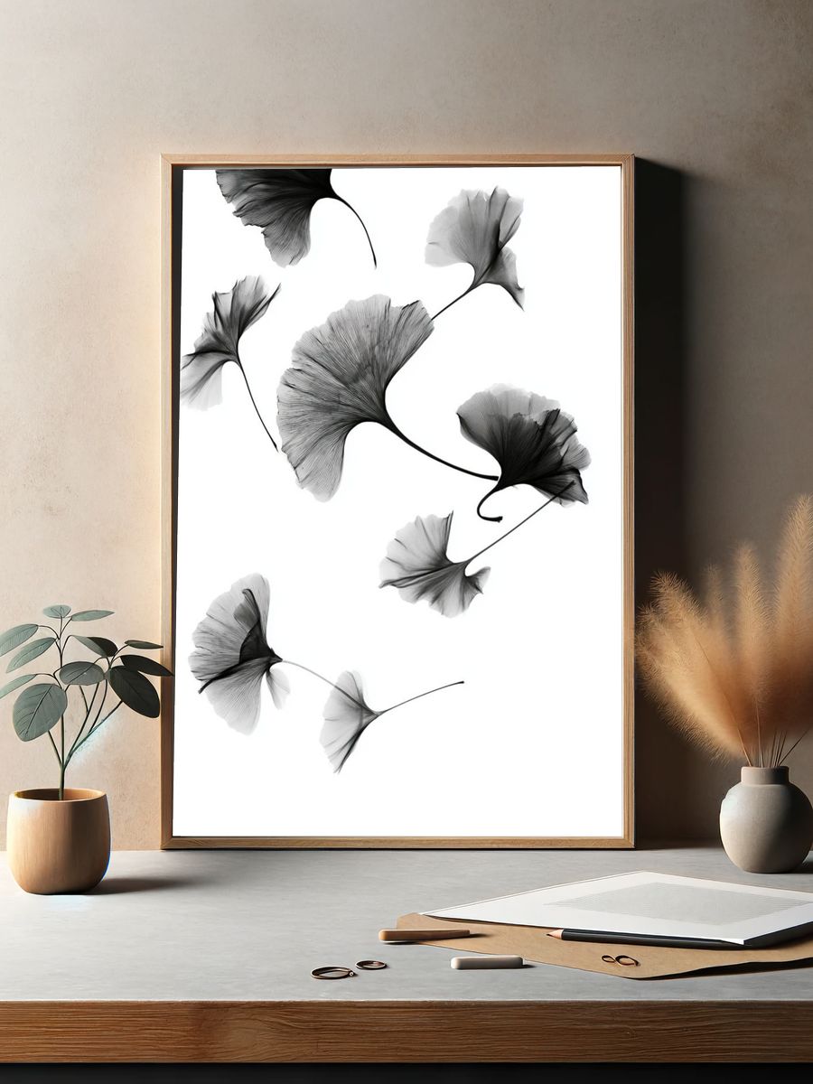 Ginkgo Leaves Black-White Print. — room view 2