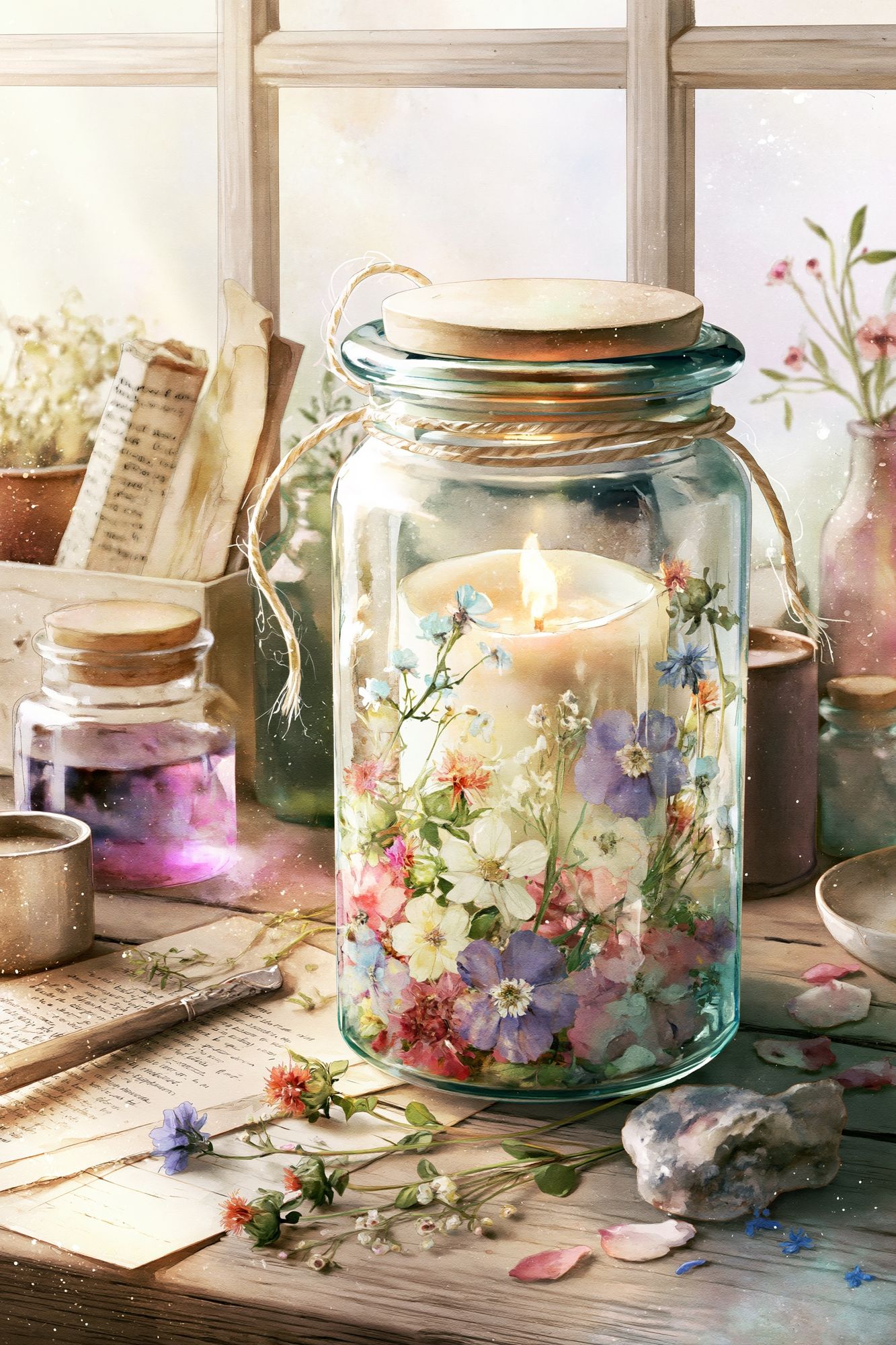 Floral Candle Jar Watercolor Poster. poster detail