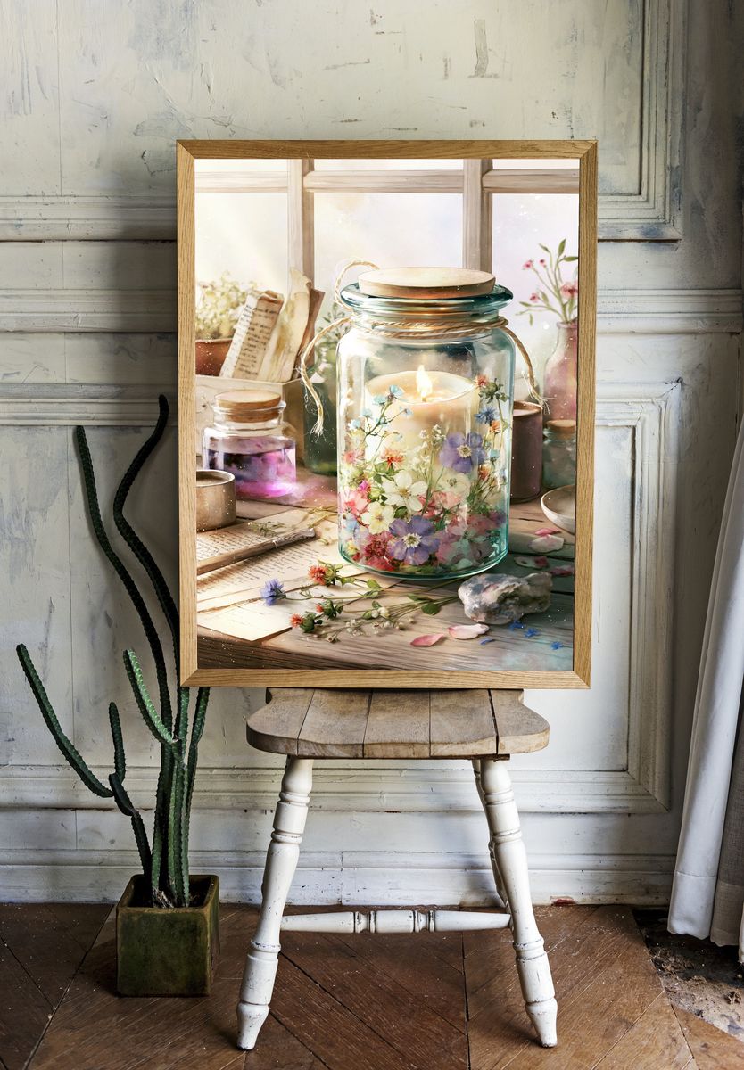Floral Candle Jar Watercolor Poster. room preview
