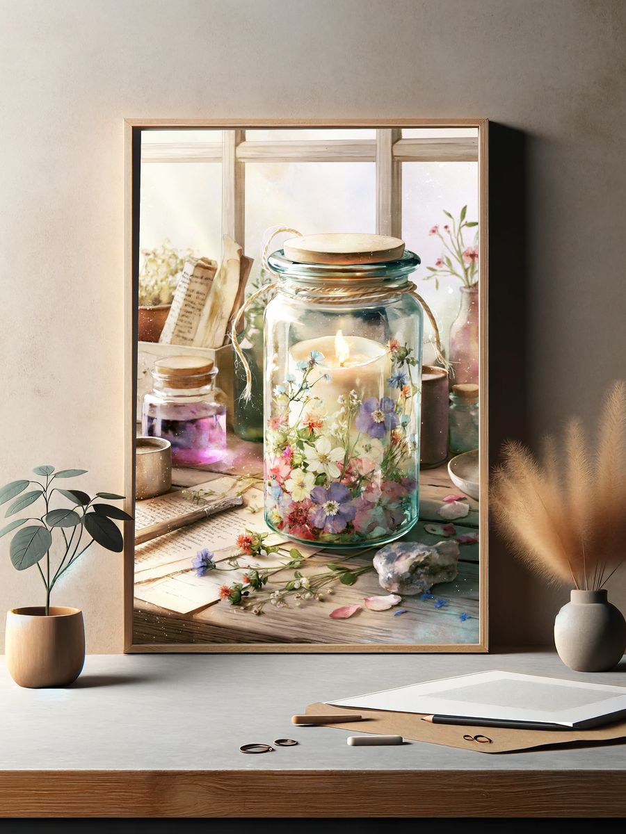 Floral Candle Jar Watercolor Poster. — room view 2