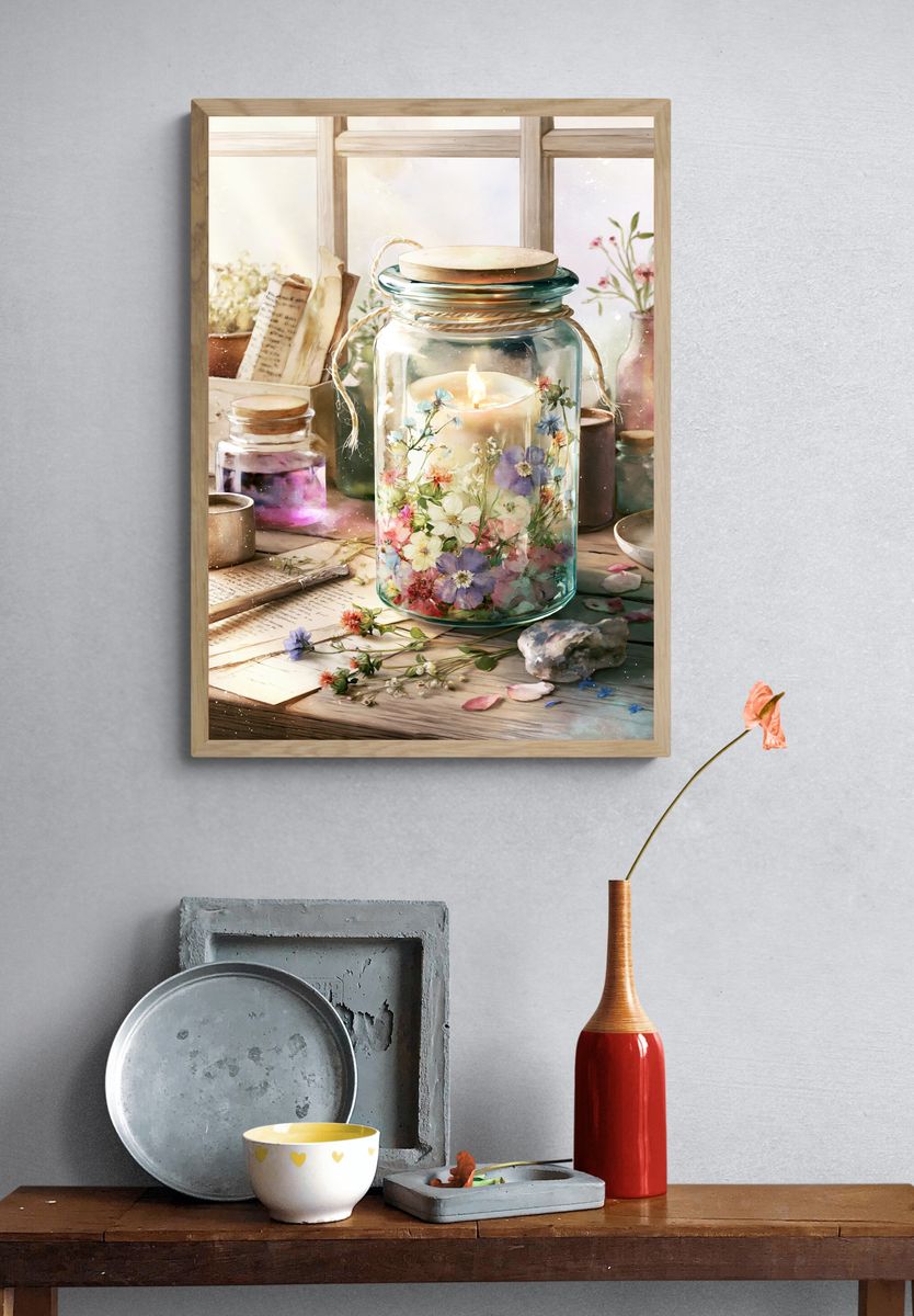 Floral Candle Jar Watercolor Poster. — room view 3
