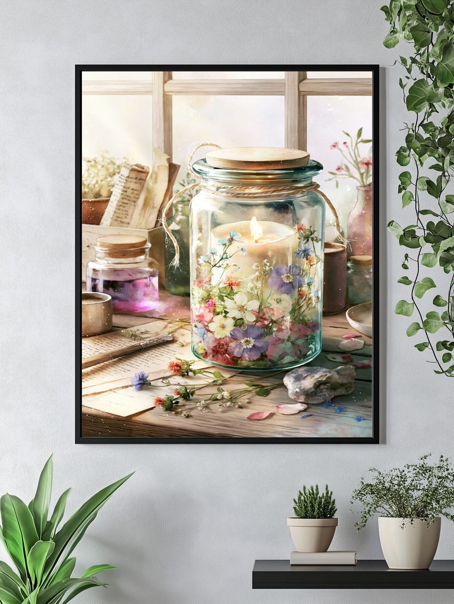Floral Candle Jar Watercolor Poster. — room view 4