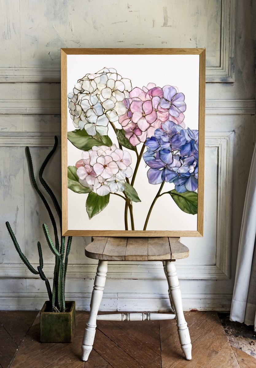 Hydrangea Blooms Botanical Print. room preview