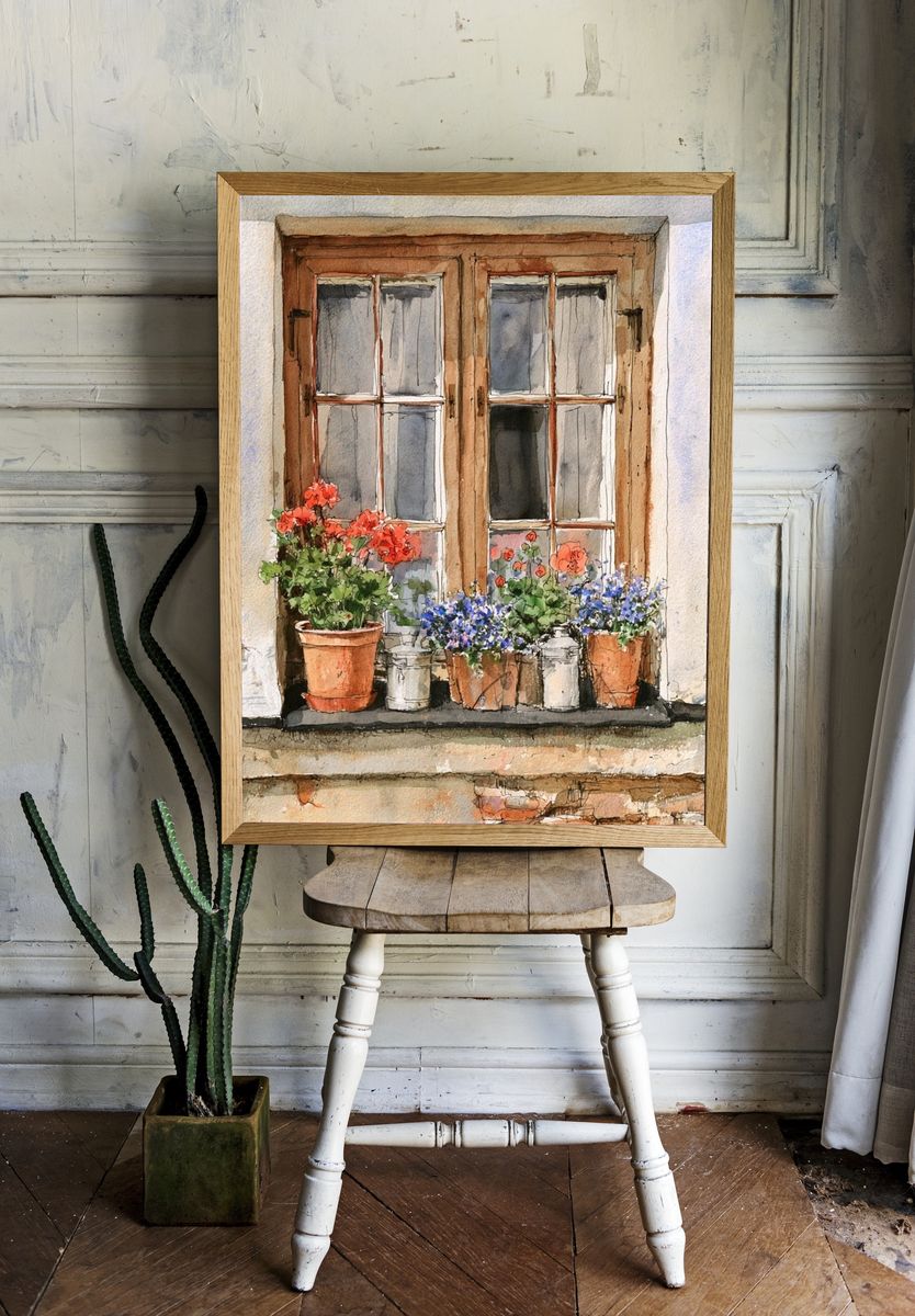 Flower Window Watercolor Print. room preview
