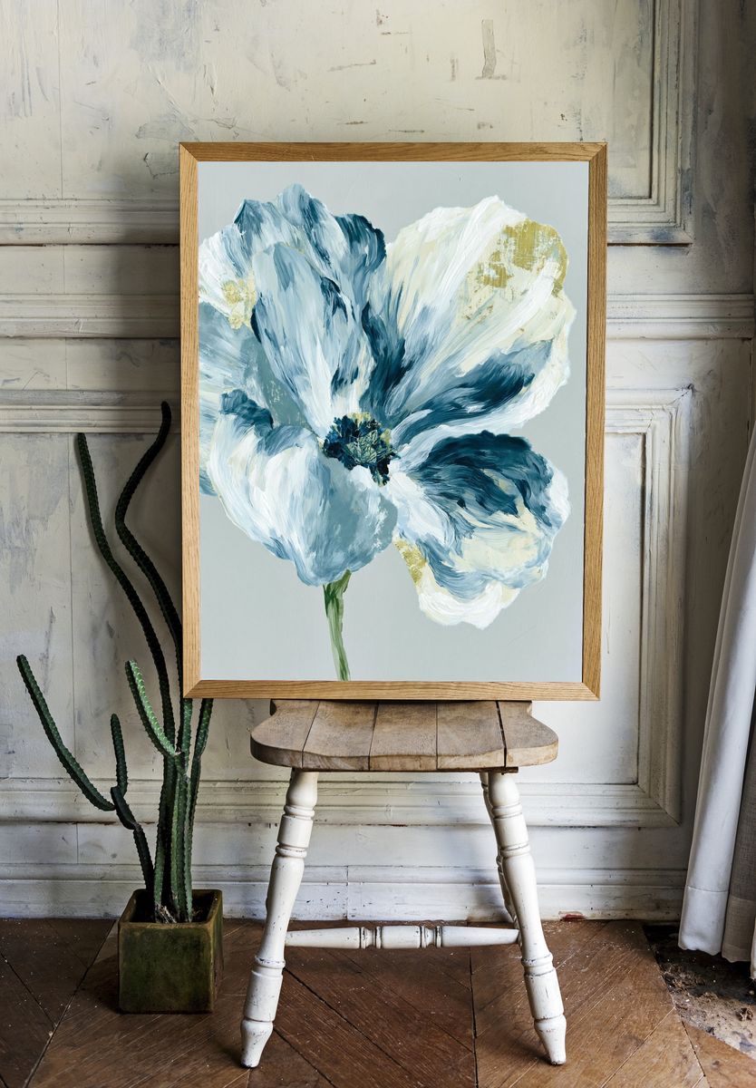 Blue Floral Watercolor Print. room preview