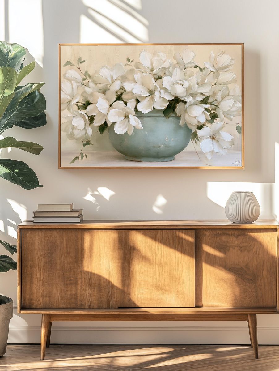White Magnolia Vase — Fine-Art Print. — room view 3