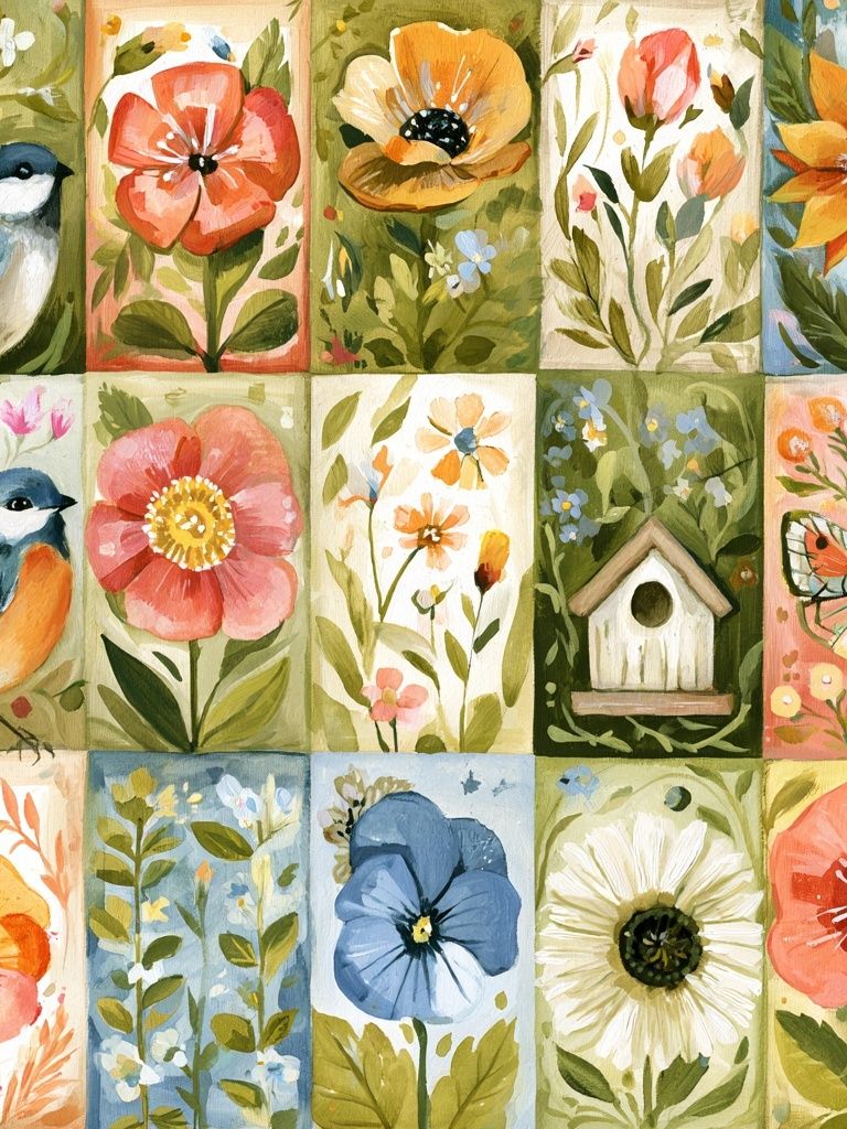 Botanical Birds and Blooms Illustration Poster. poster — botanical art