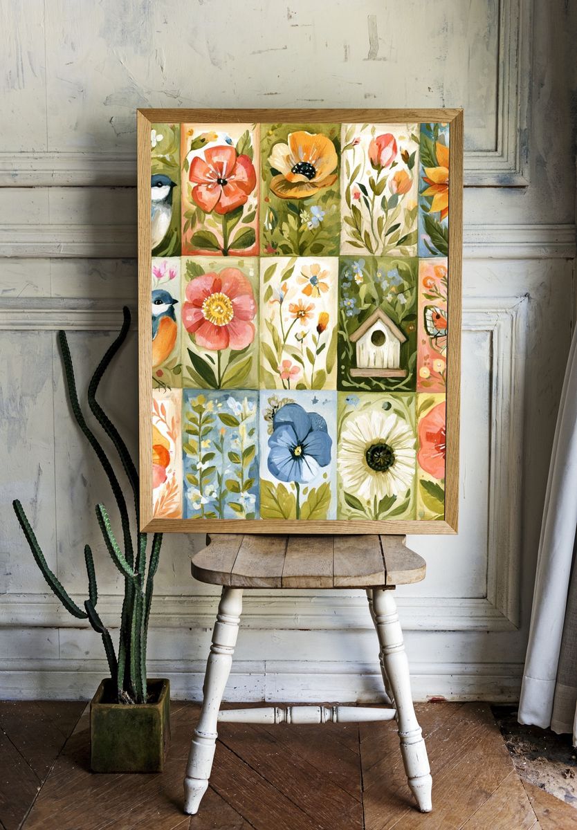 Botanical Birds and Blooms Illustration Poster. — room view 1