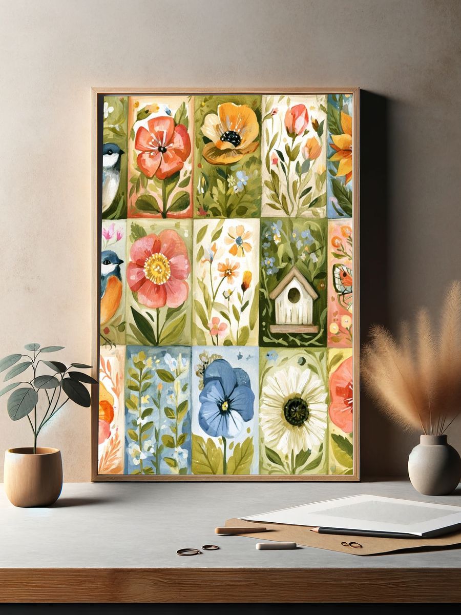 Botanical Birds and Blooms Illustration Poster. — room view 2