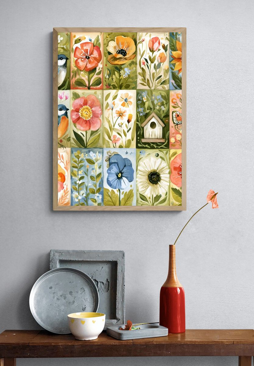 Botanical Birds and Blooms Illustration Poster. — room view 3