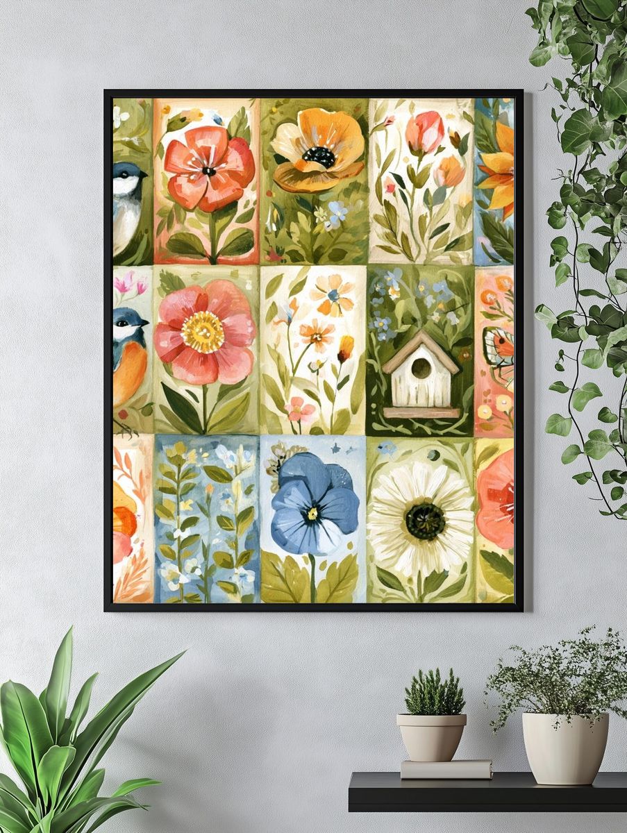 Botanical Birds and Blooms Illustration Poster. — room view 4